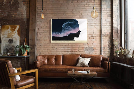 Paul Sinus Wandbild 120x80cm abstraktes Gesicht mit Meereswellen modernes Gedanken Kunstmotiv blau rosa surrealer Kunstdruck stilvolle Wanddekoration fuer Wohnzimmer Büro