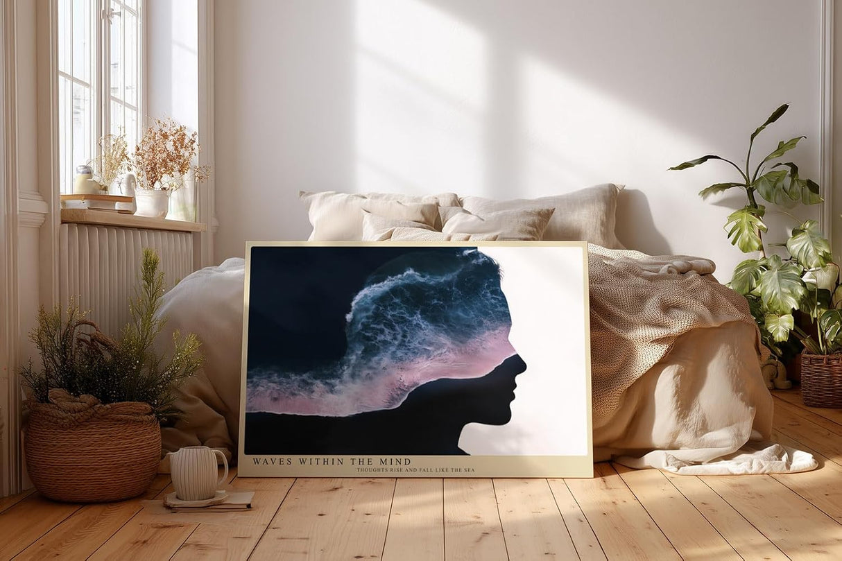 Paul Sinus Wandbild 120x80cm abstraktes Gesicht mit Meereswellen modernes Gedanken Kunstmotiv blau rosa surrealer Kunstdruck stilvolle Wanddekoration fuer Wohnzimmer Büro