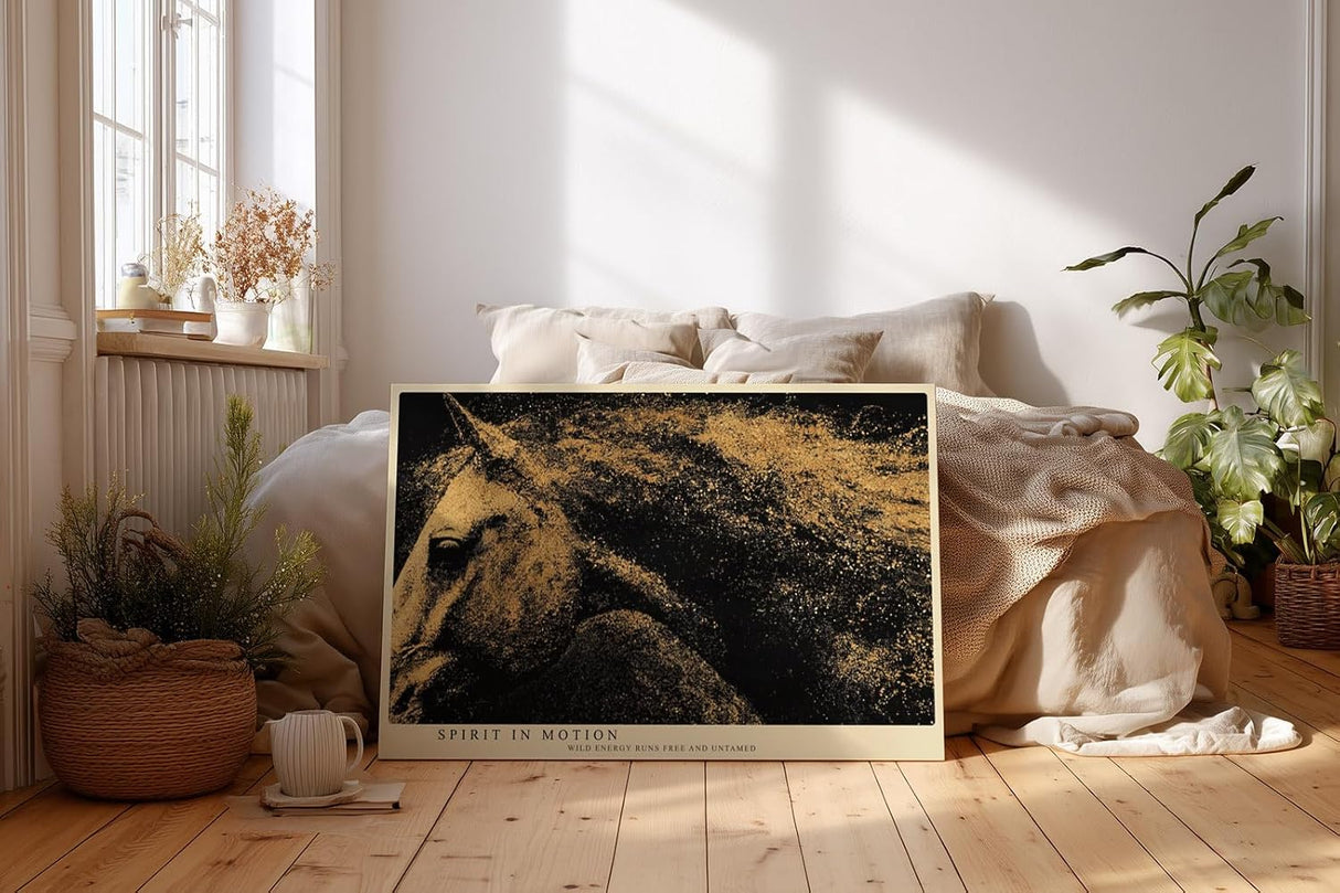 Paul Sinus Wandbild 120x80cm abstraktes Pferd goldene Partikel Bewegung moderne Tierkunst dynamisches Kunstbild stilvolle Wanddekoration fuer Wohnzimmer Büro