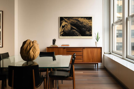 Paul Sinus Wandbild 120x80cm abstraktes Pferd goldene Partikel Bewegung moderne Tierkunst dynamisches Kunstbild stilvolle Wanddekoration fuer Wohnzimmer Büro