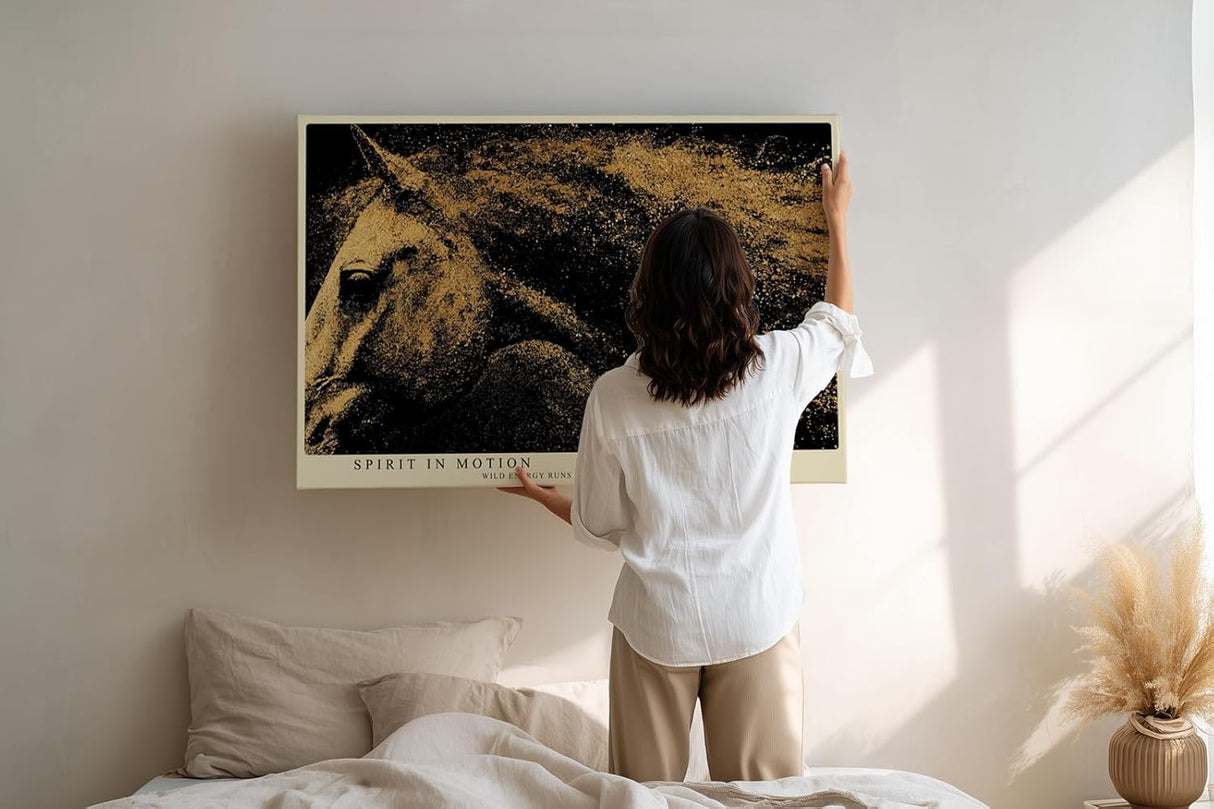 Paul Sinus Wandbild 120x80cm abstraktes Pferd goldene Partikel Bewegung moderne Tierkunst dynamisches Kunstbild stilvolle Wanddekoration fuer Wohnzimmer Büro