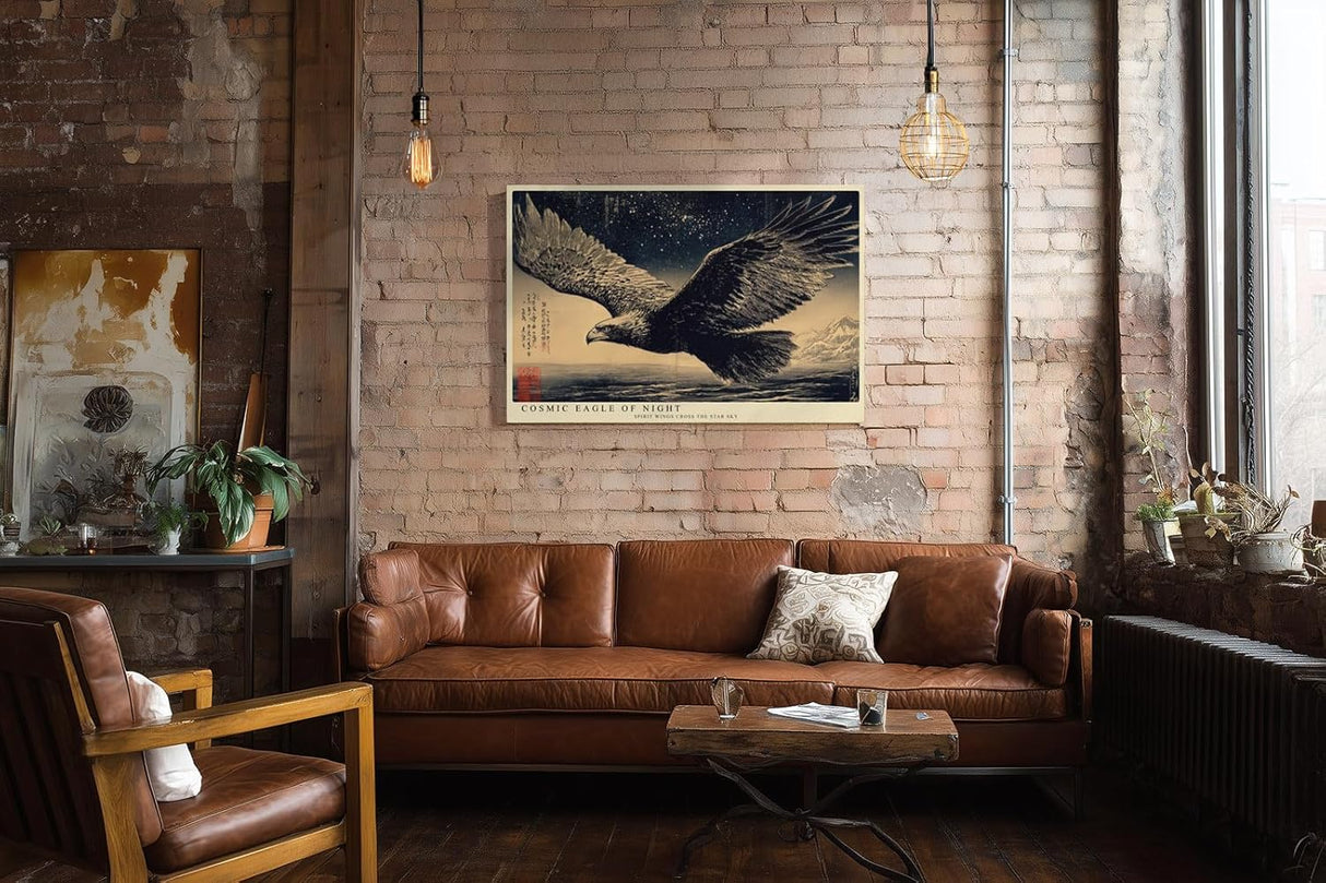 Paul Sinus Wandbild 120x80cm Adler unter Sternenhimmel Japanische Kunst Schwarz Gold Wanddekoration Wohnzimmer