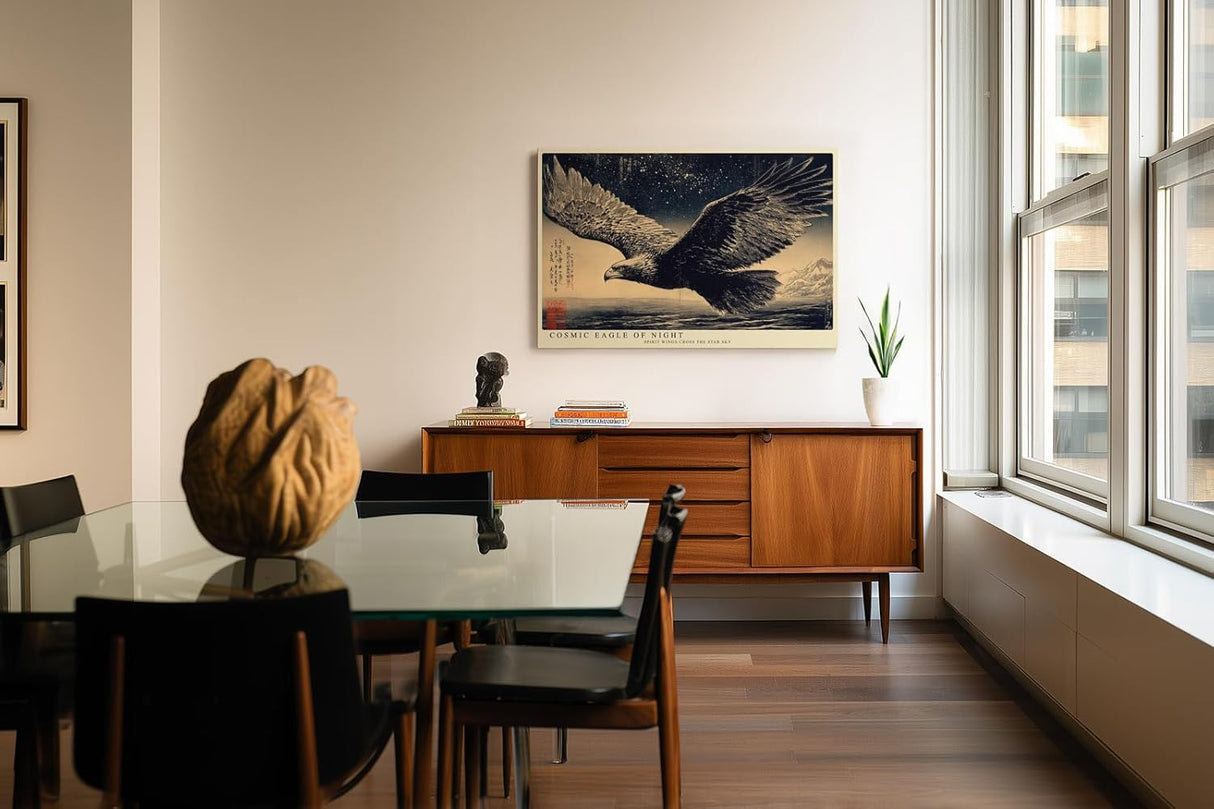 Paul Sinus Wandbild 120x80cm Adler unter Sternenhimmel Japanische Kunst Schwarz Gold Wanddekoration Wohnzimmer