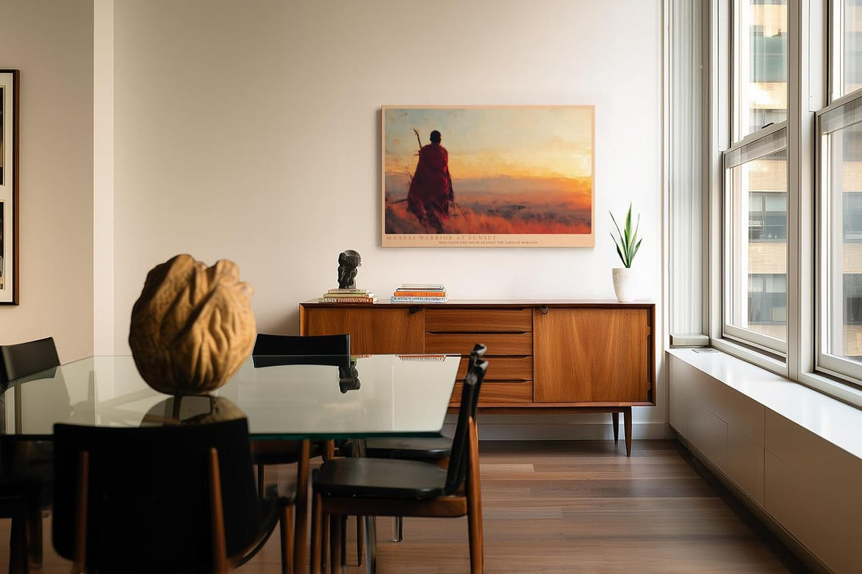 Paul Sinus Wandbild 120x80cm Afrikanische Landschaft Maasai Krieger Sonnenuntergang Natur Kunst Wanddekoration Wohnzimmer Schlafzimmer