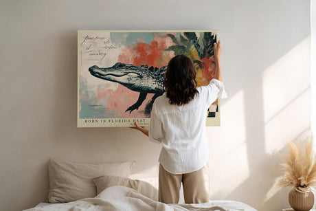 Paul Sinus Wandbild 120x80cm Alligator Kunst Collage Modernes Tiermotiv in Vintage Farben für Wohnzimmer Büro und Atelier