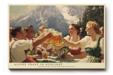 Paul Sinus Wandbild 120x80cm Alpen Biergarten Szene Berge Landschaft Kunstmotiv Gesellige Runde mit Bierkrügen vor alpiner Bergkulisse