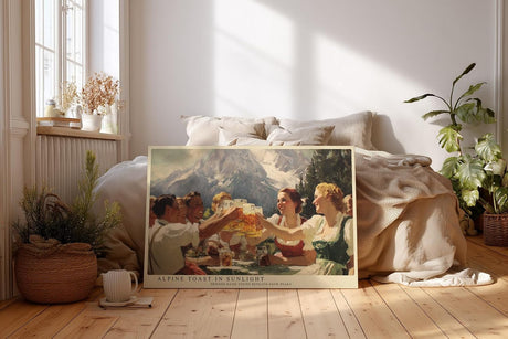 Paul Sinus Wandbild 120x80cm Alpen Biergarten Szene Berge Landschaft Kunstmotiv Gesellige Runde mit Bierkrügen vor alpiner Bergkulisse