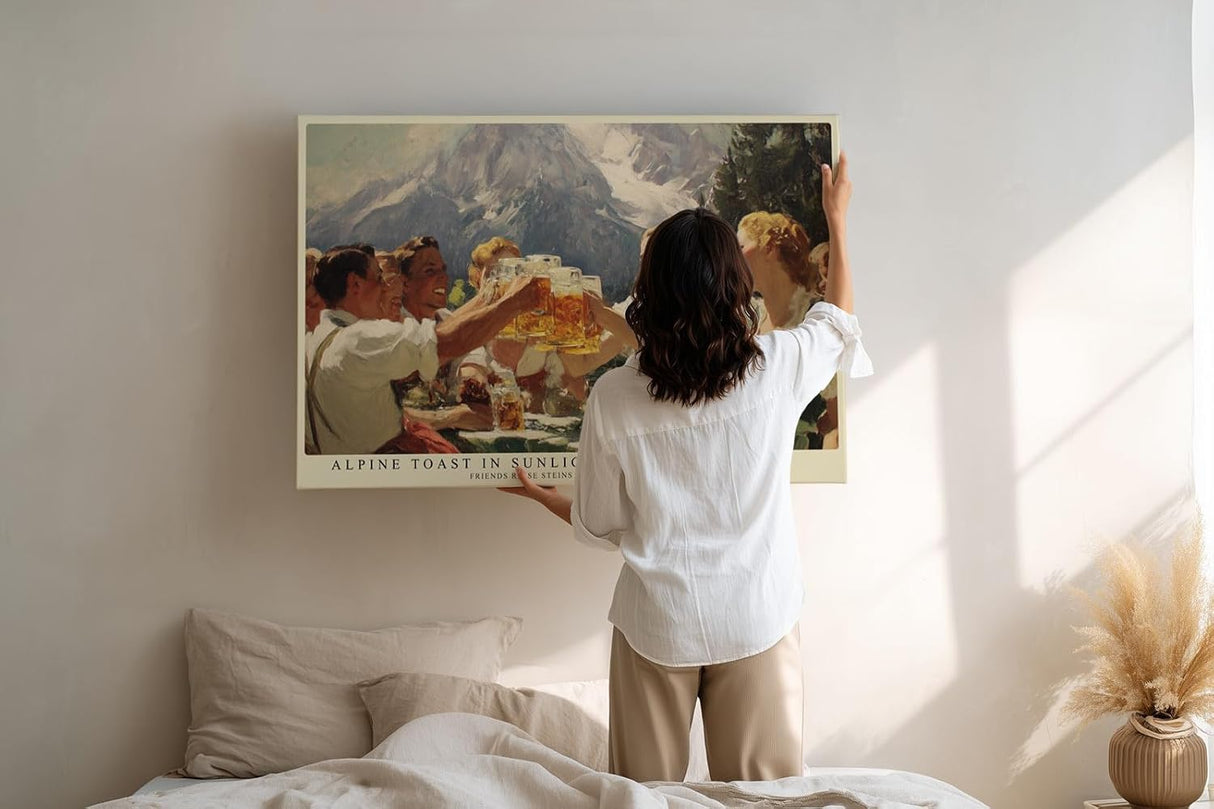 Paul Sinus Wandbild 120x80cm Alpen Biergarten Szene Berge Landschaft Kunstmotiv Gesellige Runde mit Bierkrügen vor alpiner Bergkulisse
