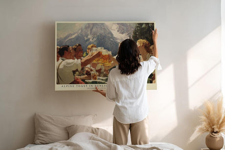 Paul Sinus Wandbild 120x80cm Alpen Biergarten Szene Berge Landschaft Kunstmotiv Gesellige Runde mit Bierkrügen vor alpiner Bergkulisse