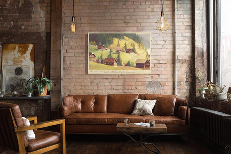 Paul Sinus Wandbild 120x80cm Alpenhuetten Berglandschaft Ruhige Natur Illustration mit Almhaeusern und Gruenen Berghaengen fuer Wohnzimmer und Schlafzimmer