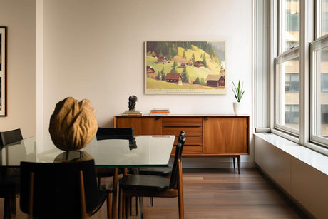 Paul Sinus Wandbild 120x80cm Alpenhuetten Berglandschaft Ruhige Natur Illustration mit Almhaeusern und Gruenen Berghaengen fuer Wohnzimmer und Schlafzimmer