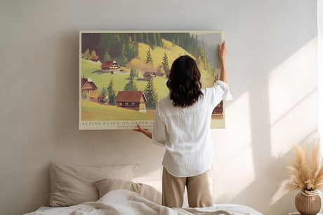 Paul Sinus Wandbild 120x80cm Alpenhuetten Berglandschaft Ruhige Natur Illustration mit Almhaeusern und Gruenen Berghaengen fuer Wohnzimmer und Schlafzimmer