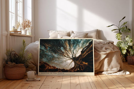 Paul Sinus Wandbild 120x80cm alter Baum von unten Naturfotografie modern mystische Waldszene grosses Natur Kunstbild stilvolle Wanddekoration fuer Wohnzimmer Büro Flur