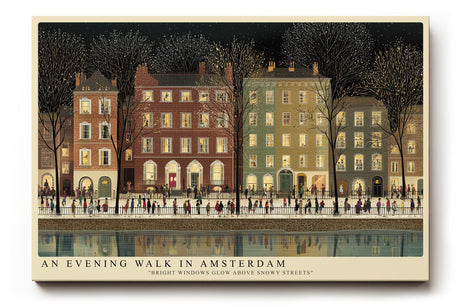 Paul Sinus Wandbild An Evening Walk in Amsterdam – Winterliches Stadtmotiv mit Spaziergängern entlang verschneiter Straßen, beleuchtete Häuser am Kanal
