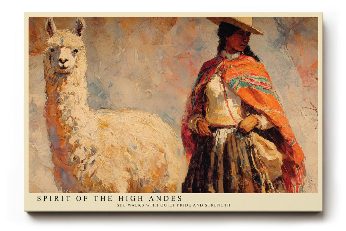 Paul Sinus Wandbild 120x80cm Anden Landschaft mit Frau und Alpaka Kunst in Warmen Farben für Wohnzimmer Büro und Flur