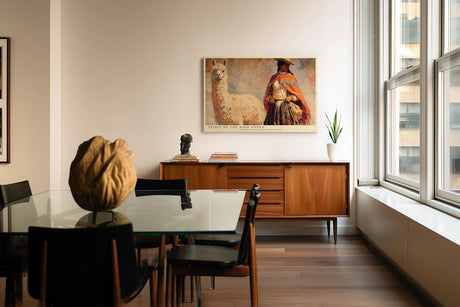 Paul Sinus Wandbild 120x80cm Anden Landschaft mit Frau und Alpaka Kunst in Warmen Farben für Wohnzimmer Büro und Flur