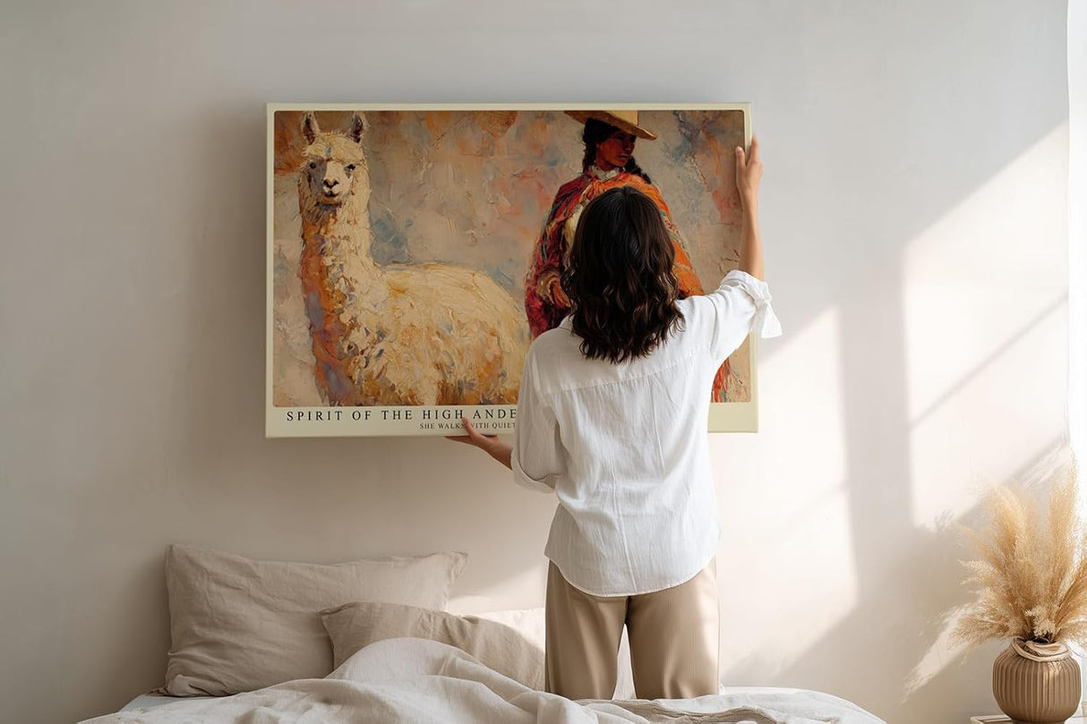 Paul Sinus Wandbild 120x80cm Anden Landschaft mit Frau und Alpaka Kunst in Warmen Farben für Wohnzimmer Büro und Flur