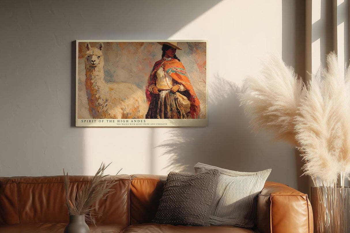 Paul Sinus Wandbild 120x80cm Anden Landschaft mit Frau und Alpaka Kunst in Warmen Farben für Wohnzimmer Büro und Flur