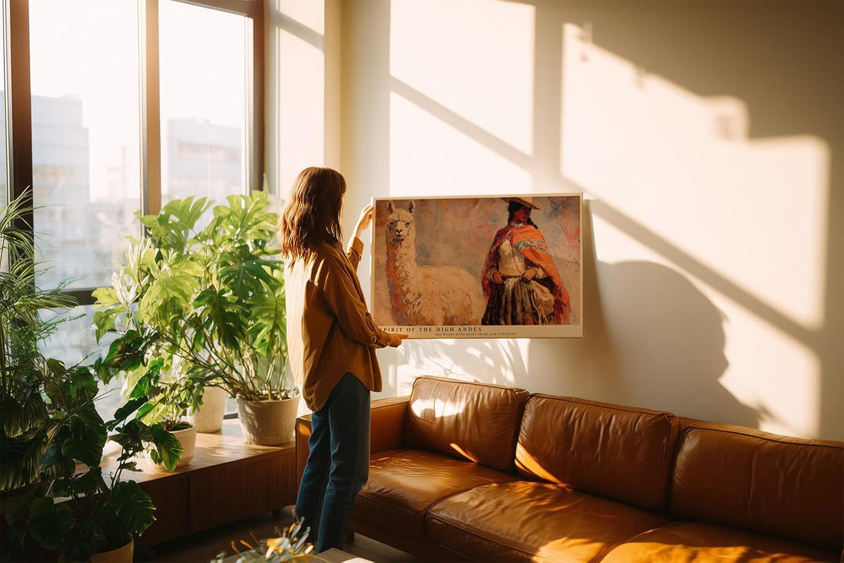 Paul Sinus Wandbild 120x80cm Anden Landschaft mit Frau und Alpaka Kunst in Warmen Farben für Wohnzimmer Büro und Flur
