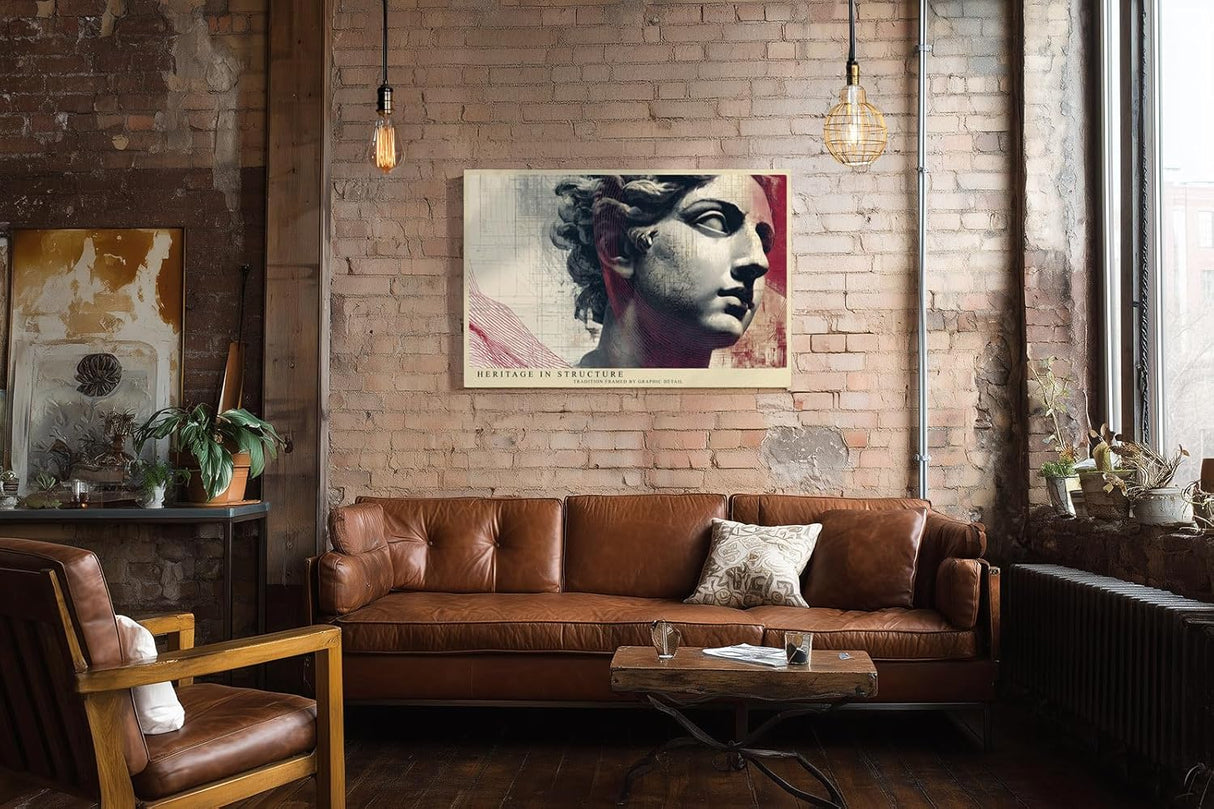 Paul Sinus Wandbild 120x80cm antike Skulptur mit grafischen Linien moderne Kunst Collage in Grau Rot Beige Leinwand Wanddekoration fuer Wohnzimmer Büro