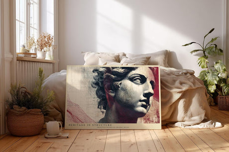 Paul Sinus Wandbild 120x80cm antike Skulptur mit grafischen Linien moderne Kunst Collage in Grau Rot Beige Leinwand Wanddekoration fuer Wohnzimmer Büro