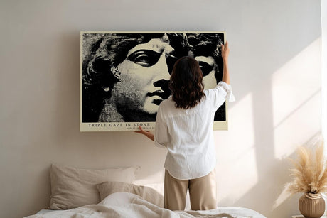 Paul Sinus Wandbild 120x80cm Antike Statue Dreifach Portrait Moderne Klassische Kunst in Schwarz Weiss für Wohnzimmer Büro Flur