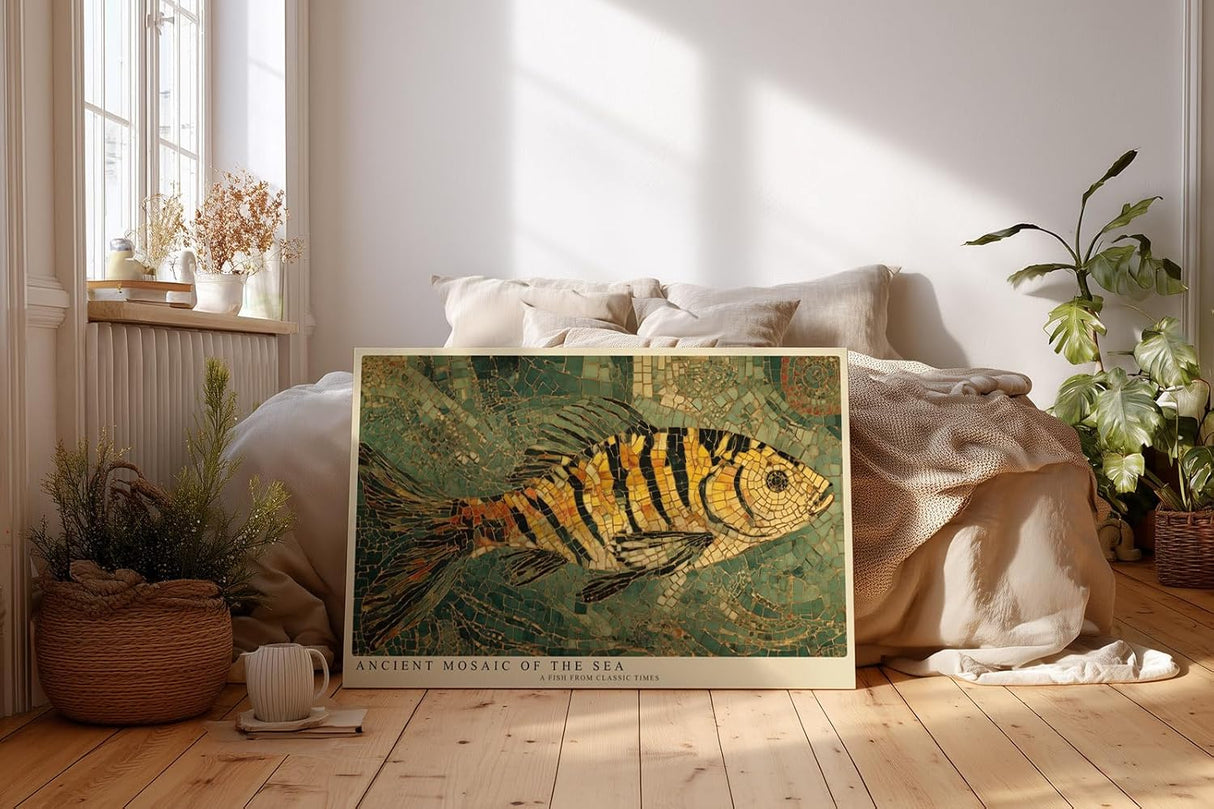 Paul Sinus Wandbild 120x80cm Antikes Fisch Mosaik – Klassische Meereskunst im mediterranen Mosaik Stil