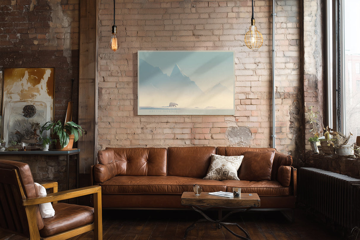 Paul Sinus Wandbild Arctic Silence minimalistisches Naturmotiv mit Eisbär und Berglandschaft in kühlen Farbtönen für moderne Räume voller Ruhe und Tiefe