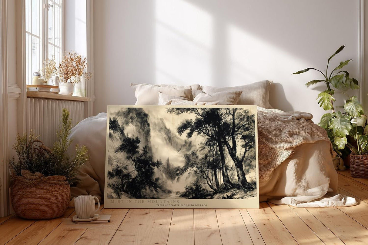 Paul Sinus Wandbild 120x80cm asiatische Landschaft Tuschemalerei Berge Nebel Kunstdruck grosses Wandbild 120x80cm ruhige Wanddekoration fuer Wohnzimmer Büro
