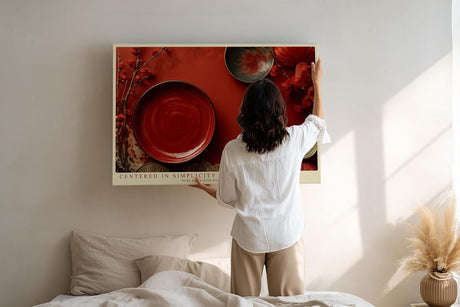 Paul Sinus Wandbild 120x80cm asiatische Stillleben Kunst rot minimalistische Komposition moderne Zen Dekoration grosses Kunstbild stilvolle Wanddekoration fuer Wohnzimmer Esszimmer Kueche Büro