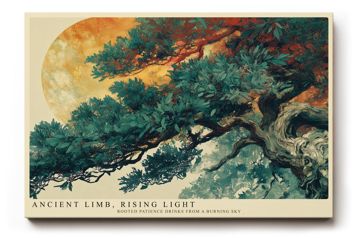 Paul Sinus Wandbild 120x80cm Asiatischer Baum mit Mond Landschaftskunst in Gruen Gold und Naturtoenen fuer ruhige Wohnräume