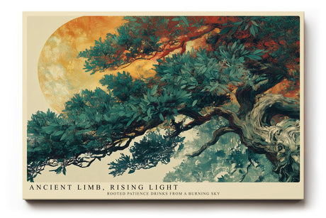 Paul Sinus Wandbild 120x80cm Asiatischer Baum mit Mond Landschaftskunst in Gruen Gold und Naturtoenen fuer ruhige Wohnräume