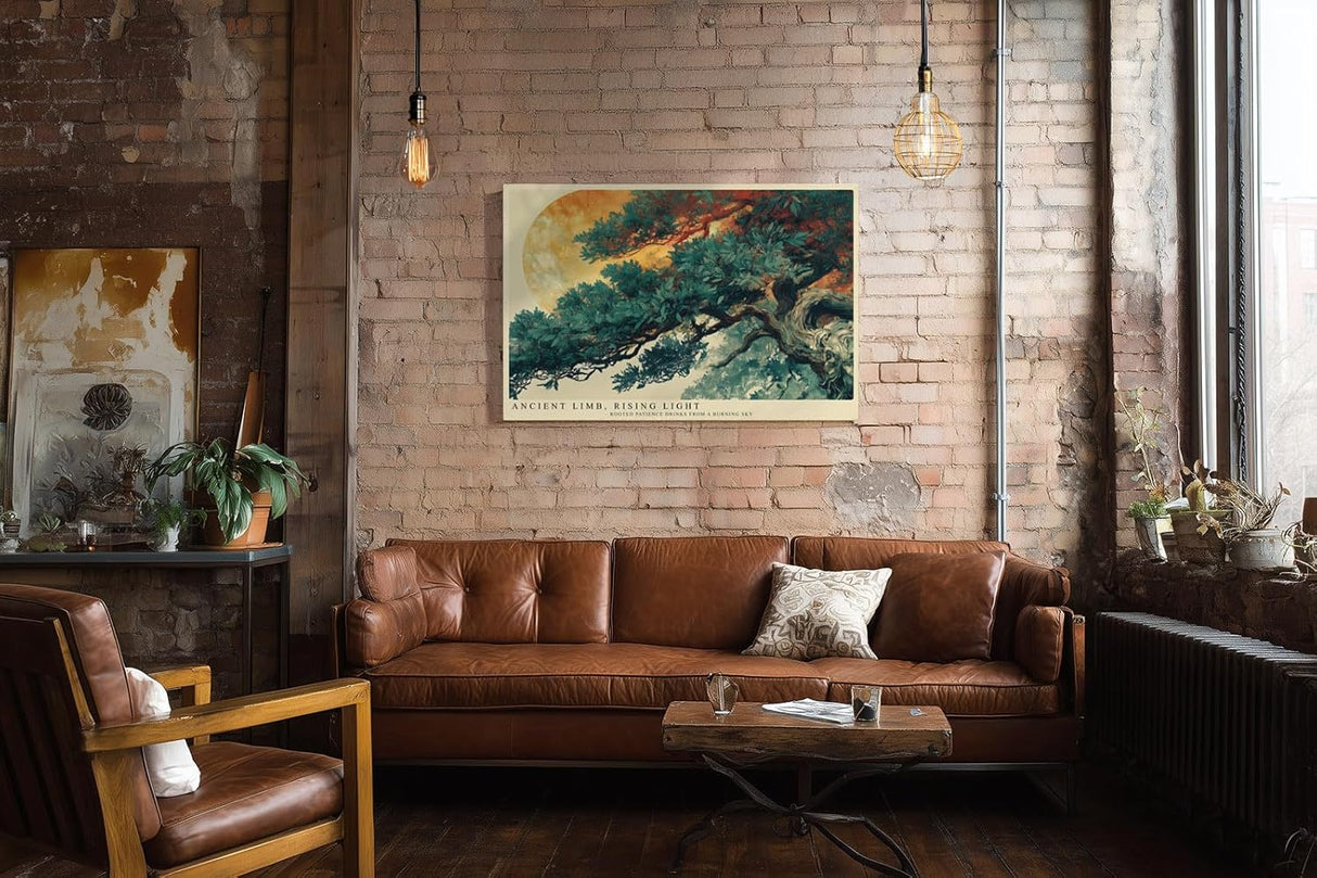 Paul Sinus Wandbild 120x80cm Asiatischer Baum mit Mond Landschaftskunst in Gruen Gold und Naturtoenen fuer ruhige Wohnräume