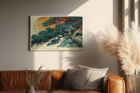 Paul Sinus Wandbild 120x80cm Asiatischer Baum mit Mond Landschaftskunst in Gruen Gold und Naturtoenen fuer ruhige Wohnräume