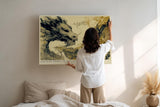 Paul Sinus Wandbild 120x80cm asiatischer Drachengeist Tusche Stil beige schwarz mythologische Kunst modernes bild grosses Wandbild 120x80cm ruhige Wanddekoration fuer Wohnzimmer Büro