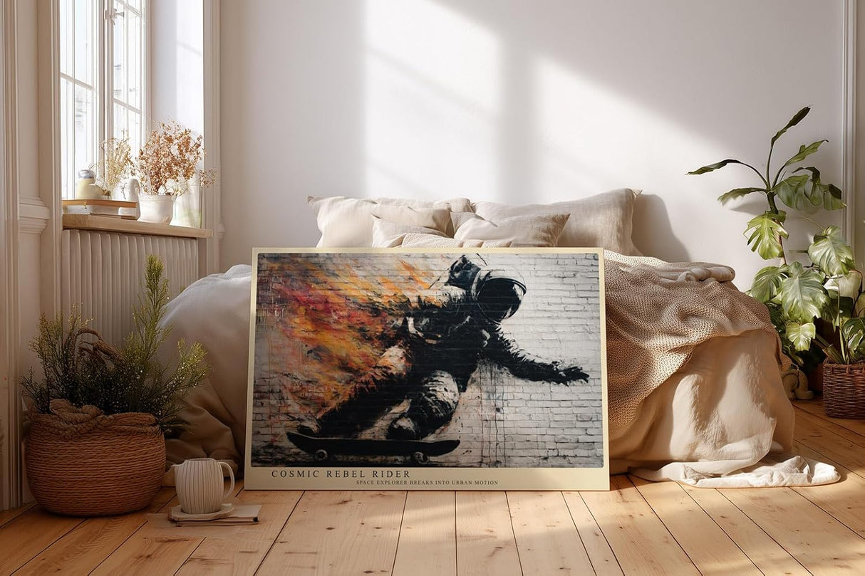 Paul Sinus Wandbild 120x80cm Astronaut Skateboard Street Art Feuer Effekt urban moderne Weltraum Kunst Kunstdruck grosses Wandbild 120x80cm kreative Wanddekoration fuer Wohnzimmer Jugendzimmer Büro