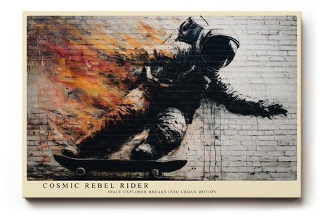 Paul Sinus Wandbild 120x80cm Astronaut Skateboard Street Art Feuer Effekt urban moderne Weltraum Kunst Kunstdruck grosses Wandbild 120x80cm kreative Wanddekoration fuer Wohnzimmer Jugendzimmer Büro