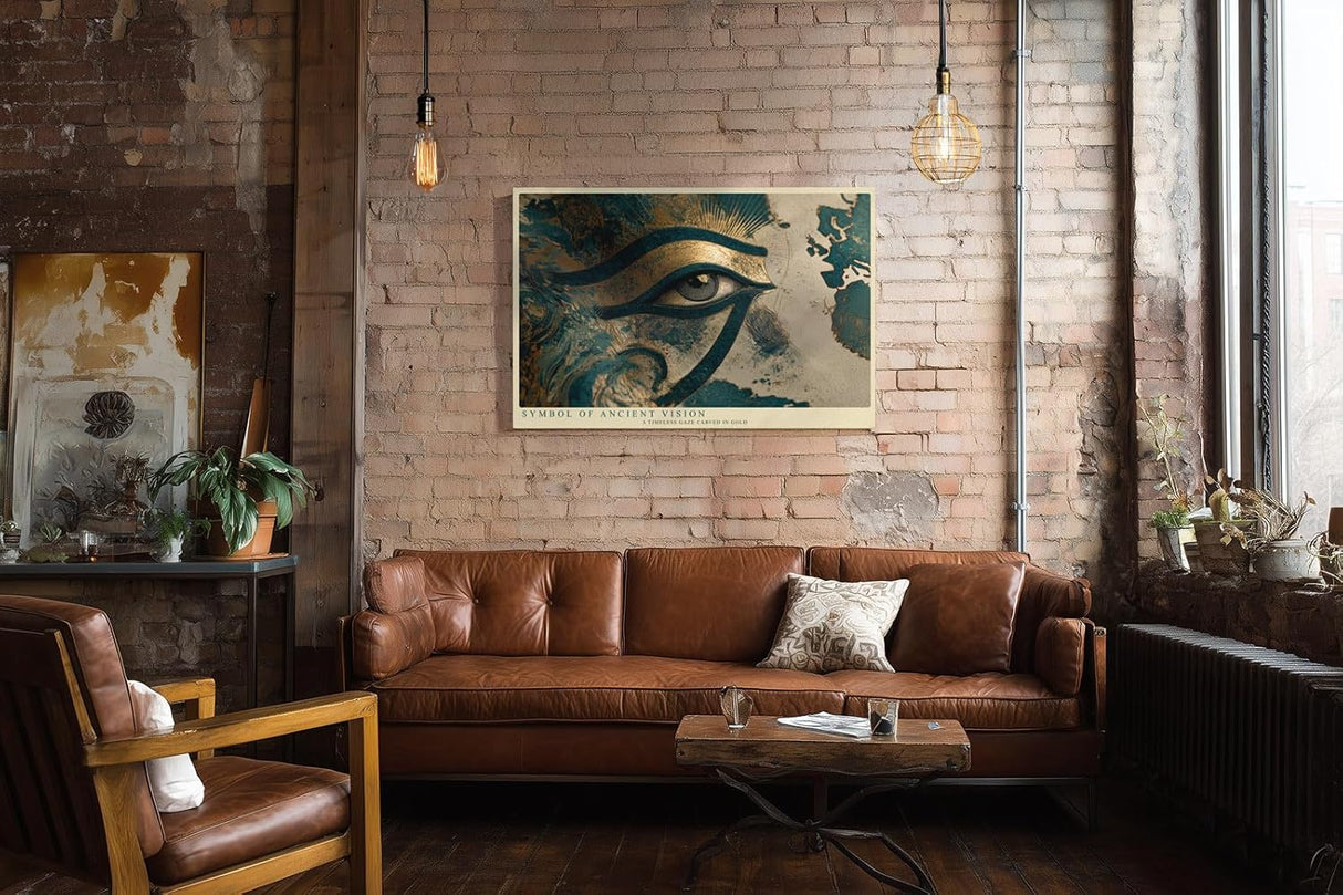 Paul Sinus Wandbild 120x80cm Auge des Horus gold blau aegyptische Symbolkunst Kunstdruck grosses Kunstbild mystische Wanddekoration fuer Wohnzimmer Büro Flur
