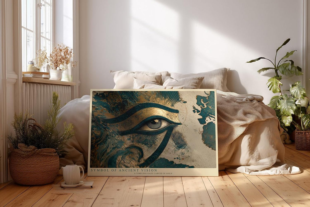 Paul Sinus Wandbild 120x80cm Auge des Horus gold blau aegyptische Symbolkunst Kunstdruck grosses Kunstbild mystische Wanddekoration fuer Wohnzimmer Büro Flur