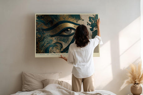 Paul Sinus Wandbild 120x80cm Auge des Horus gold blau aegyptische Symbolkunst Kunstdruck grosses Kunstbild mystische Wanddekoration fuer Wohnzimmer Büro Flur