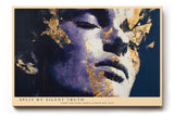 Paul Sinus Wandbild 120x80cm Ausdrucksstarkes Frauenportrait mit Goldstruktur Moderne Kunst in Blau Violett und Gold fuer stilvolle Raeume