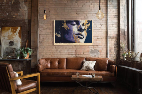 Paul Sinus Wandbild 120x80cm Ausdrucksstarkes Frauenportrait mit Goldstruktur Moderne Kunst in Blau Violett und Gold fuer stilvolle Raeume