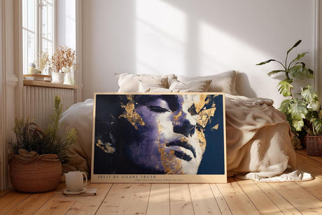 Paul Sinus Wandbild 120x80cm Ausdrucksstarkes Frauenportrait mit Goldstruktur Moderne Kunst in Blau Violett und Gold fuer stilvolle Raeume