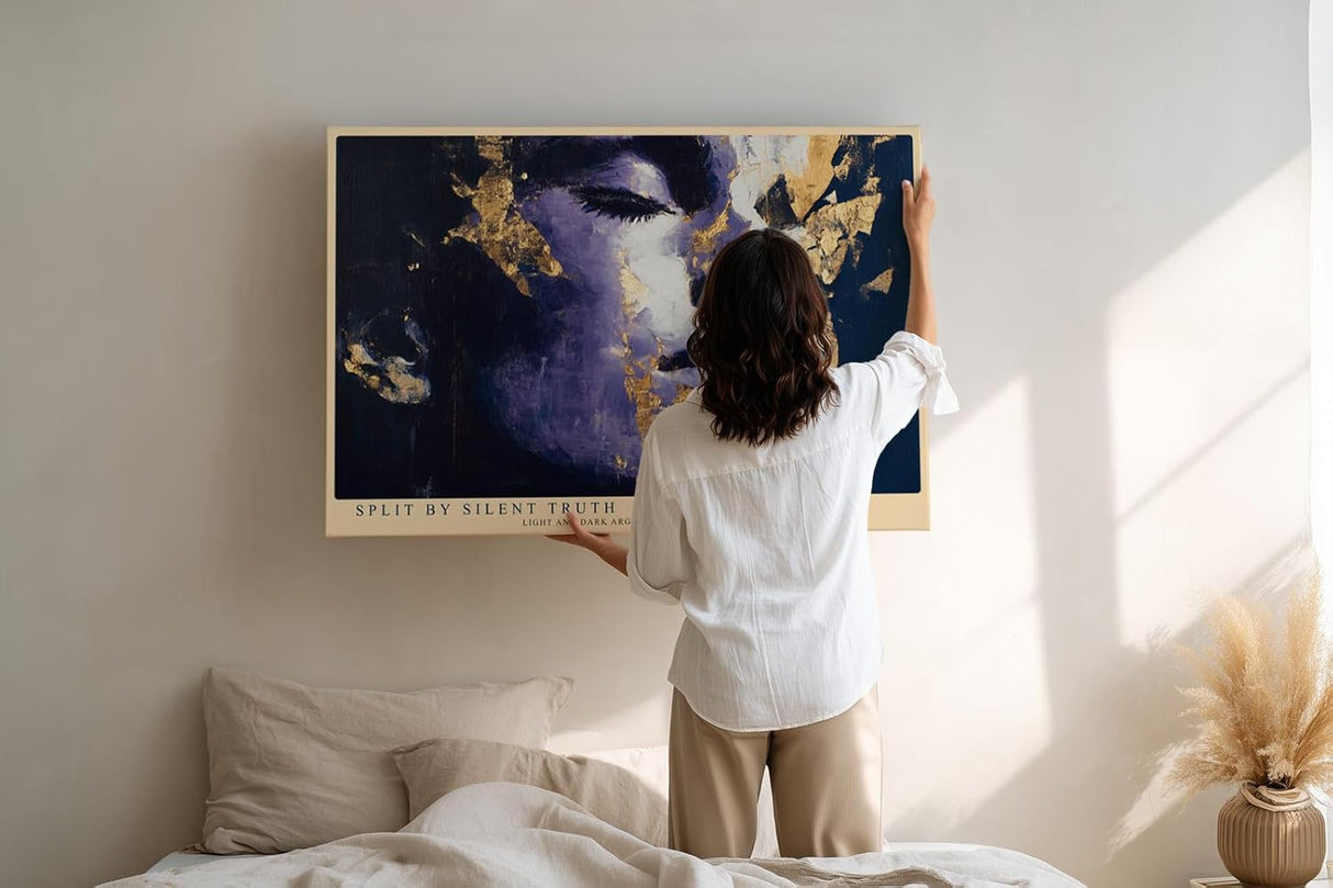 Paul Sinus Wandbild 120x80cm Ausdrucksstarkes Frauenportrait mit Goldstruktur Moderne Kunst in Blau Violett und Gold fuer stilvolle Raeume