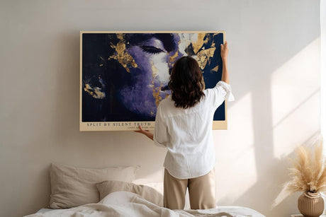 Paul Sinus Wandbild 120x80cm Ausdrucksstarkes Frauenportrait mit Goldstruktur Moderne Kunst in Blau Violett und Gold fuer stilvolle Raeume