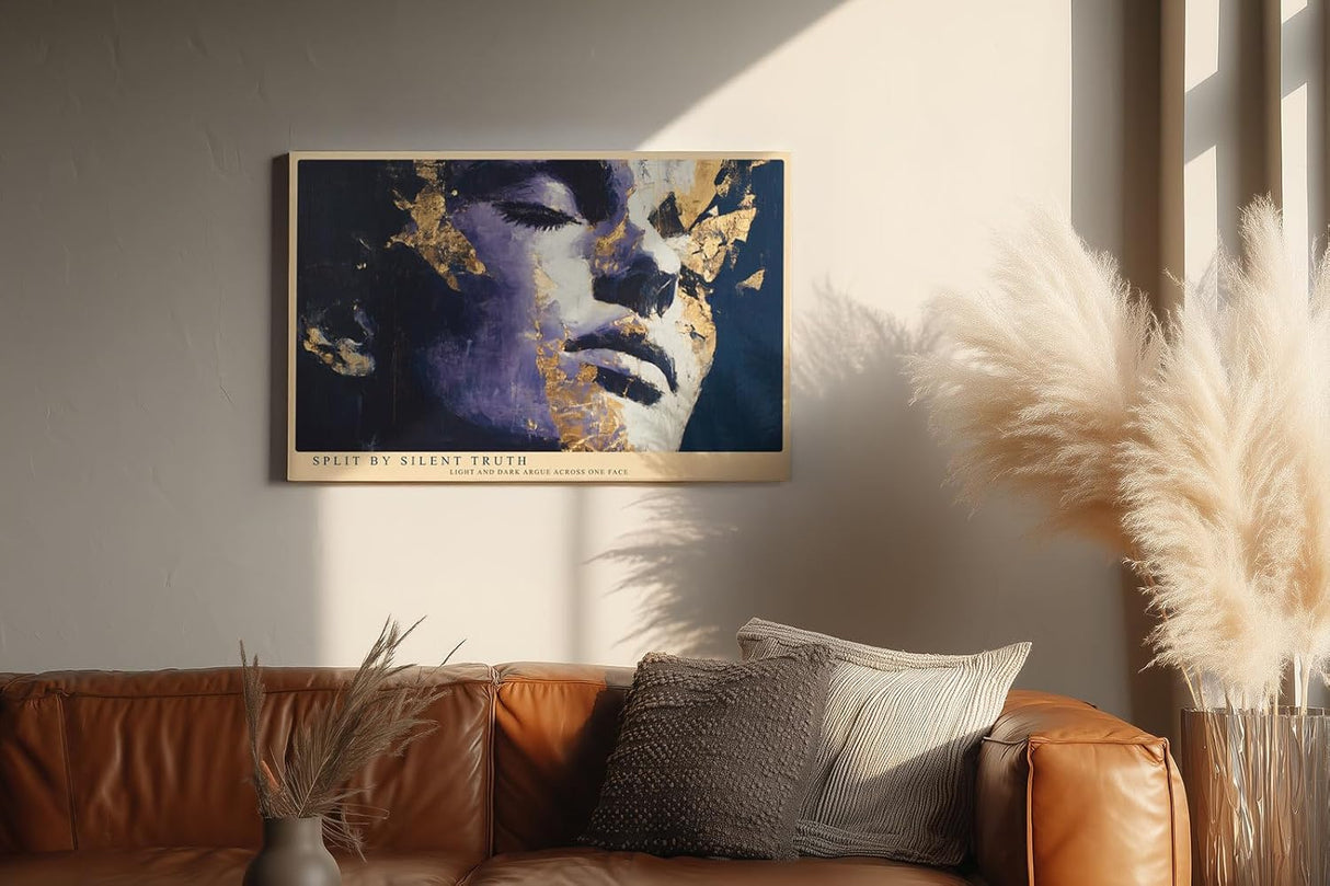 Paul Sinus Wandbild 120x80cm Ausdrucksstarkes Frauenportrait mit Goldstruktur Moderne Kunst in Blau Violett und Gold fuer stilvolle Raeume