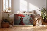Paul Sinus Wandbild Autumn Elegance in the Rain – Eleganz im roten Kleid unter Herbstregen