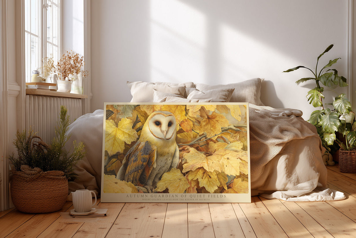 Paul Sinus Wandbild Autumn Guardian of Quiet Fields Golden Owl in Forest of Falling Leaves