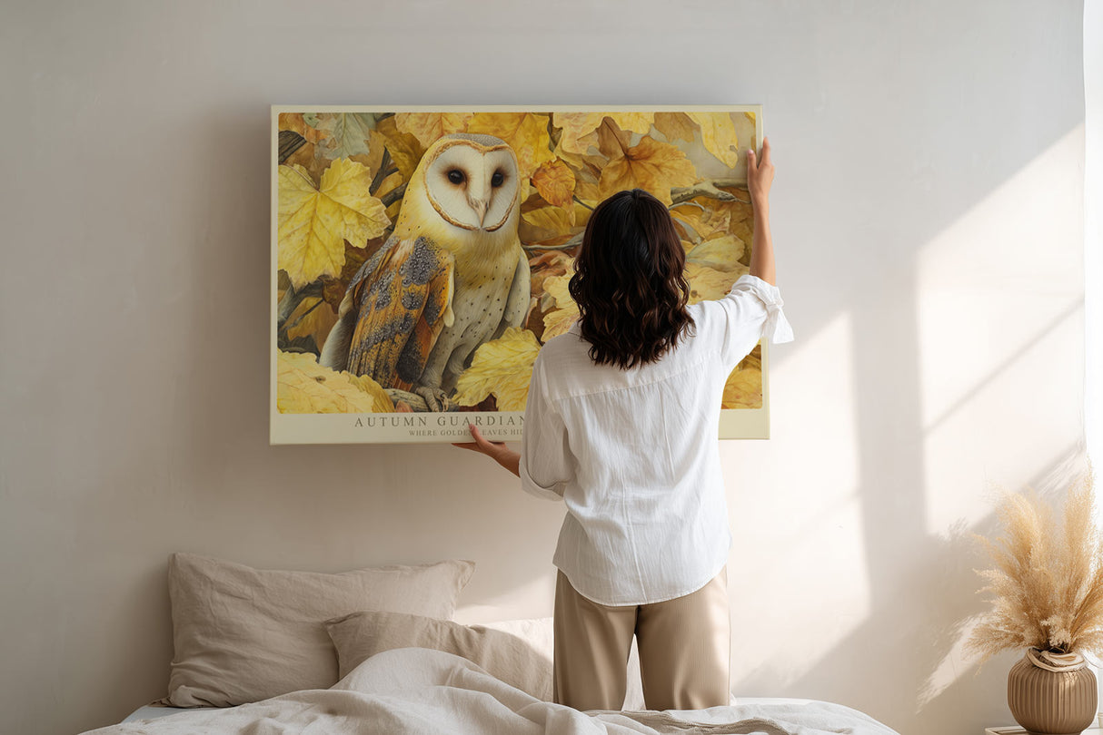 Paul Sinus Wandbild Autumn Guardian of Quiet Fields Golden Owl in Forest of Falling Leaves