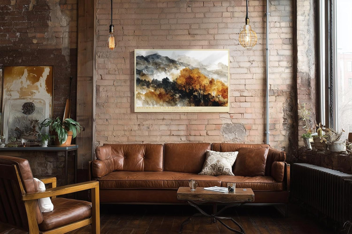 Paul Sinus Wandbild 120x80cm Autumn Mass in Rising Mist Herbst Landschaft mit Bergen und Wald Natur Kunst fuer Wohnzimmer Schlafzimmer und Büro
